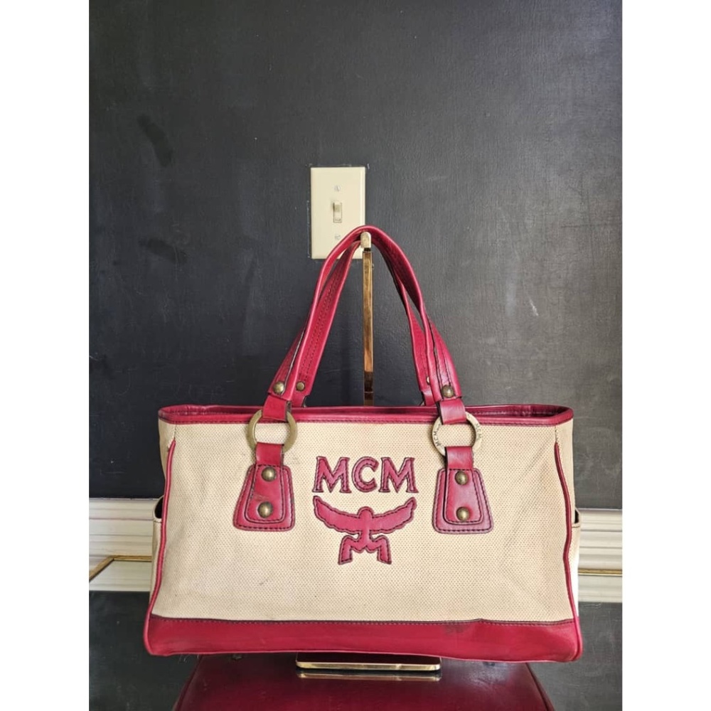 Authentic MCM Canvas bowling Bag Beige/Wine